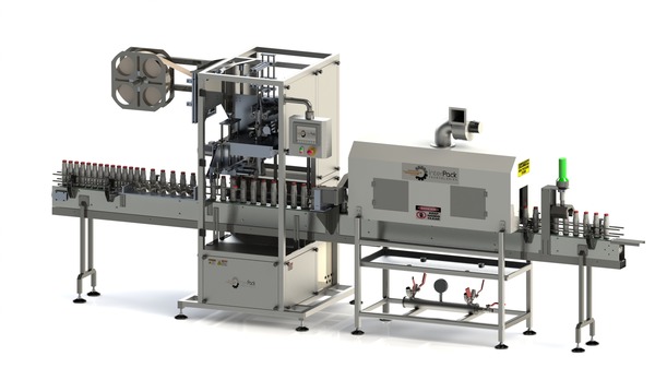 Shrink sleeve applicator machine labelling PET bottles with full-body shrink sleeves in an industrial packaging setup