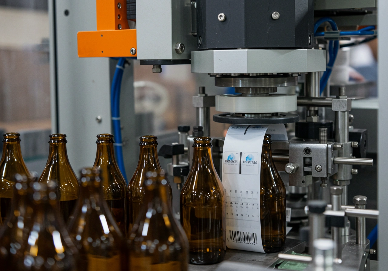 Automated bottle labeling machine applying labels to glass bottles