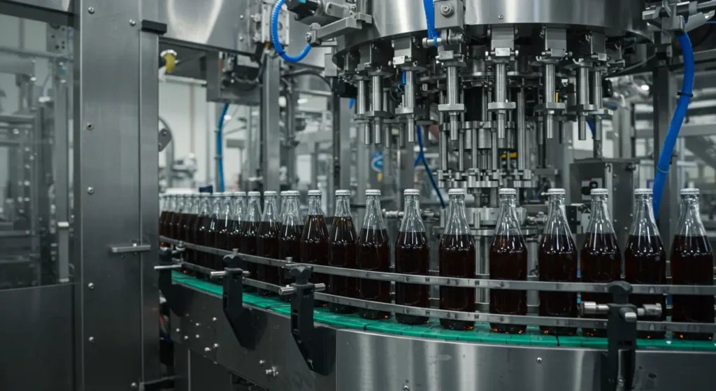 Beverage bottling line, rows of glass bottles on conveyor