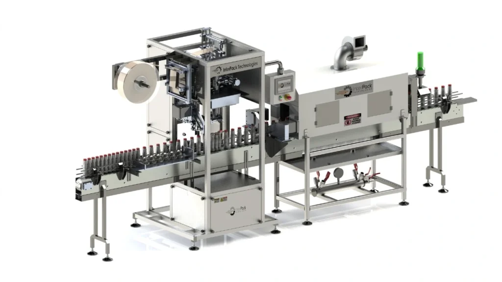 Automatic sleeve applicator machine applying shrink sleeves